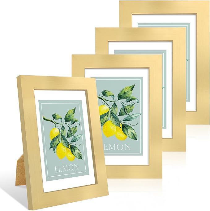 4x6 Picture Frame Set of 4, 4 x 6 Wood Photo Frames with Mat for 3.5x5, Wooden Frame with Real Glass Cover for Wall and Tabletop Display,Gold-Ruum Studio Home