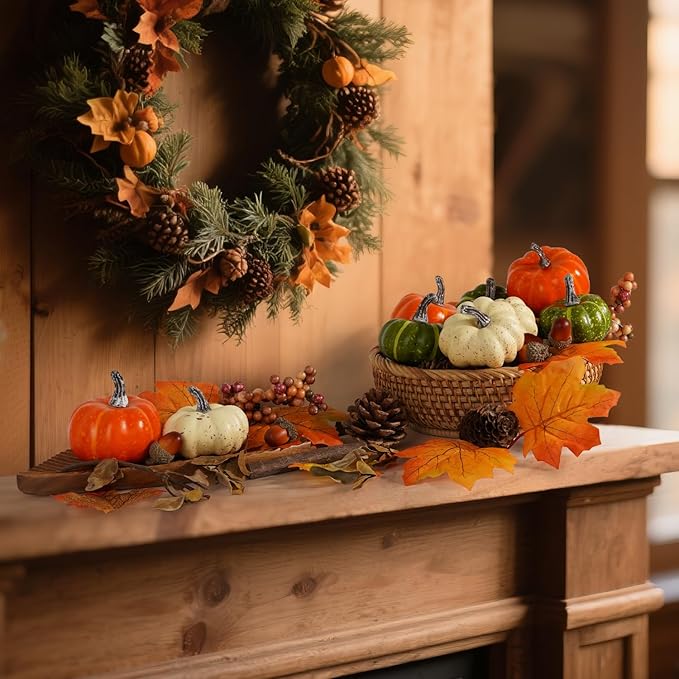Artmag Pumpkin Decor Set, 25 PCS Fall Artificial Maple Leaves, Harvest Pumpkins, Acorns, Pine Cones and Orange Berry Stems Decorations for Fall Thanksgiving Table Decor-Ruum Studio Home