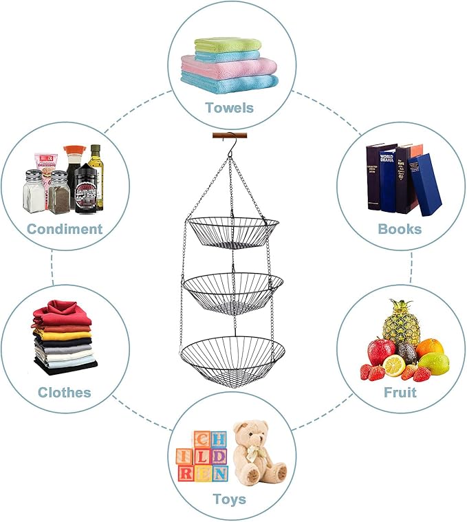 3-Tier Wire Fruit Hanging Basket 2 Packs,non-Punching Wall Hanging Storage,Kitchen Bathroom Organization Basket,Suitable for Bathroom,Kitchen,Closet,Garden,Black-Ruum Studio Home