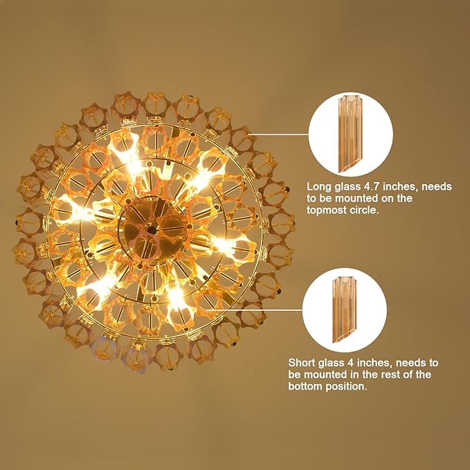 Modern Amber Glass Chandelier, 14" Round Crystal Dining Room Pendant Light Chandelier, Luxury Brass Hanging Fixture for Bedroom, Gold Kitchen Island Light, Dimmable Small Ceiling Lighting Chandeliers-Ruum Studio Home