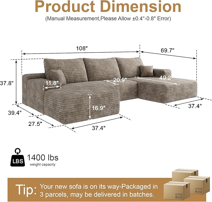 108" Sectional Couches for Living Room Modern Modular Sofa with L-Shape Couchs Upholstered Boneless Couch Deep Seat Sectional Couch with Chaise (Camel, Right Facing Chaise+2Seaters+1Ottoman)-Ruum Studio Home