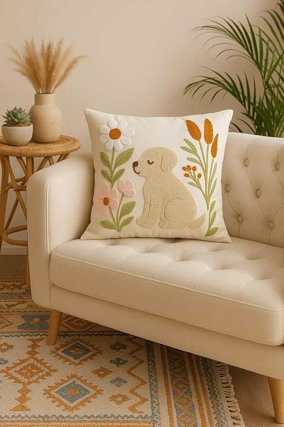 katre home madame & textile Embroidered Dog Pillow Cover – 18x18 inch Handmade Punch Needle Cushion – Boho Cotton Throw Pillow for Couch, Bed, or Gift for Dog Lovers-Ruum Studio Home
