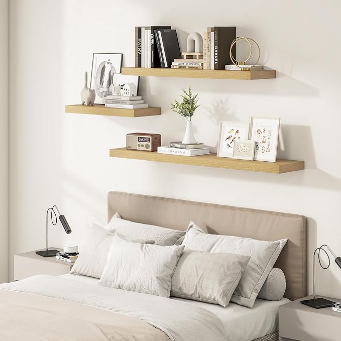12 Inch Deep Floating Shelves 55 inch Long, 55 x 12 Wide Wall Shelves with Invisible Brackets, Heavy Duty Shelf for Bedroom Bathroom Living Room Kitchen Office Home Decor, Modern Shelf Set of 2, Oak-Ruum Studio Home