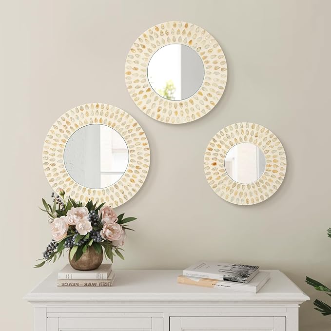 Boho Mirror Wall Decor for Living Room, 3PCS Natural Mother of Pearl Decorative Mirror for Farmhouse Rustic Home, Hanging Sculptures for Women Bedroom Hallway Porch Decoration (Light Brown)-Ruum Studio Home