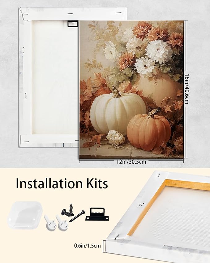 AbcCustomize Fall Wall Art Pumpkin Floral Print, Vintage Thanksgiving Decorations Canvas for Autumn Decor, Rustic Daisy Farmhouse Wall Art Decor for Bedroom Living Room Kitchen, Ready to Hang-Ruum Studio Home