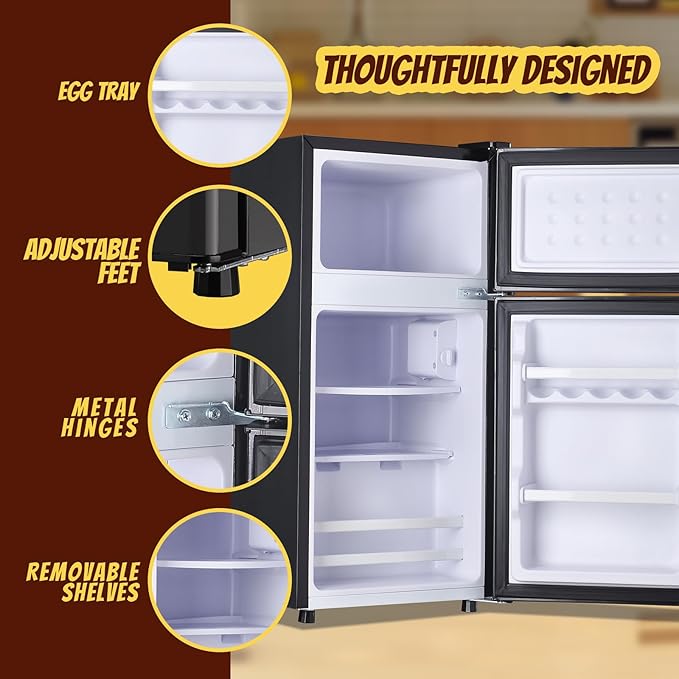 2.4 Cu.ft Mini Fridge with Freezer Compact Fridge Refrigerator Dual Door Small Fridge Senven Temp Gear Removable Shelves Dark Grey-Ruum Studio Home