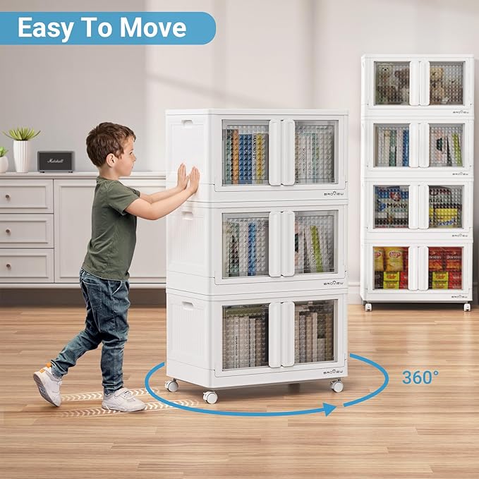 400Qt Stackable Storage Bins with Lids, 100Gal Closet Organizers and Storage Drawer, Plastic Collapsible Storage Bins with Doors, Heavy Duty Store Box Cabinet for Home Kitchen, 4Pack White-Ruum Studio Home
