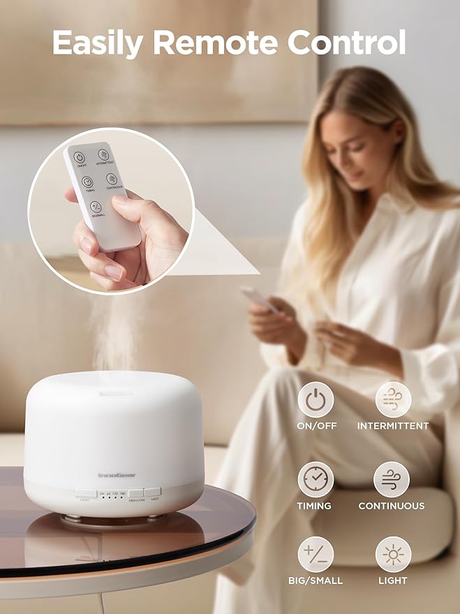 InnoGear 500ml Essential Oil Diffuser with Remote Control, Premium Ultrasonic Aromatherapy Diffusers Scent Humidifier Vaporizer Auto-Off Timer for Large Room Home, Basic White-Ruum Studio Home