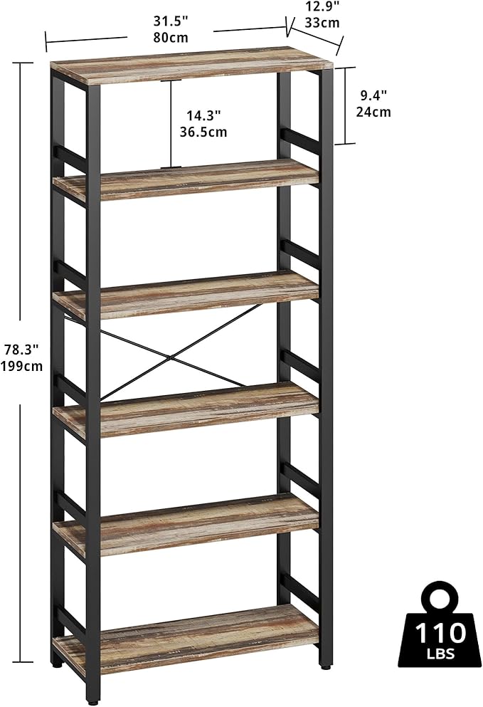 IRONCK Bookshelf, 31.5in Wide Shelf 6 Tier Bookcase, 110lbs/shelf Vintage Industrial Style Bookshelves for Bedroom, Living Room and Home Office, Industrial Brown-Ruum Studio Home