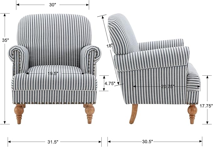 chairus Linen Accent Chair for Living Room Set of 2 Upholstered Mid Century Modern Single Sofa Chair with Solid Wood Legs Comfy Reading Armchair for Bedroom/Office Room/Recption/Lounge, Blue Stripe-Ruum Studio Home