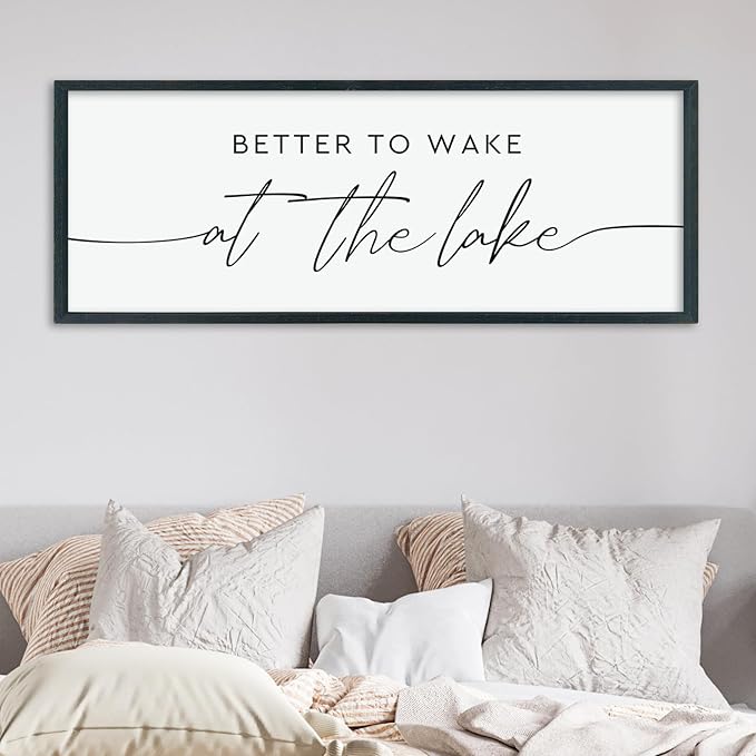 LuZhiQiang Better To Wake At The Lake Above Bed Wall Decor 40"×15" for Lake House Bedroom Over Bed Sign Wood Framed Large Wall Hanging Art (Black)-Ruum Studio Home