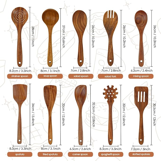 comfoyar Teak Wooden Spoons for Cooking, 10 Pieces Kitchen Cooking Utenails Set with Spatula and Ladle, Heat Resistant Kitchen Cookware for Nonstick Pan-Ruum Studio Home