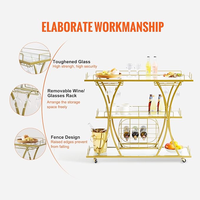 VEVOR Bar Cart Gold, 3 Tiers Home Bar Serving Cart on Lockable Wheels, Rolling Alcohol Cart with Tempered Glass Shelves Guardrail Wine Rack, Modern Wine Cart for Home Kitchen Dining and Living Room-Ruum Studio Home