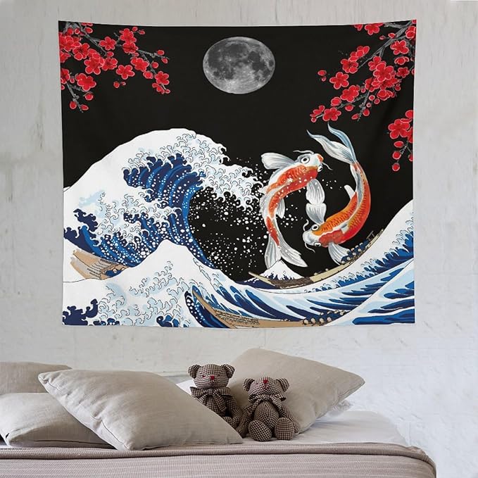 Houselerax Japanese Koi Fish Tapestry, Yin Yang Big Wave Red Cherry Blossom Tapestries Wall Hanging for Bedroom Living Room Office Decor 60"x50"-Ruum Studio Home