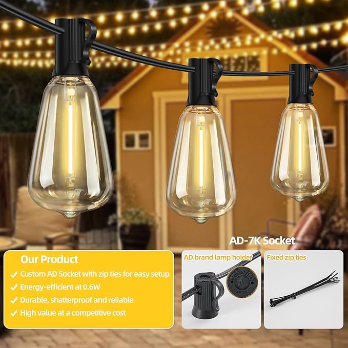 ST38 Outdoor String Lights 25FT with 12+1 LED Bulbs, E12 Socket, Waterproof Commercial Grade, 2700K Warm White for Garden, Backyard, Bistro, Patio, Porch, Deck, Gazebo, Wedding Decor-Ruum Studio Home