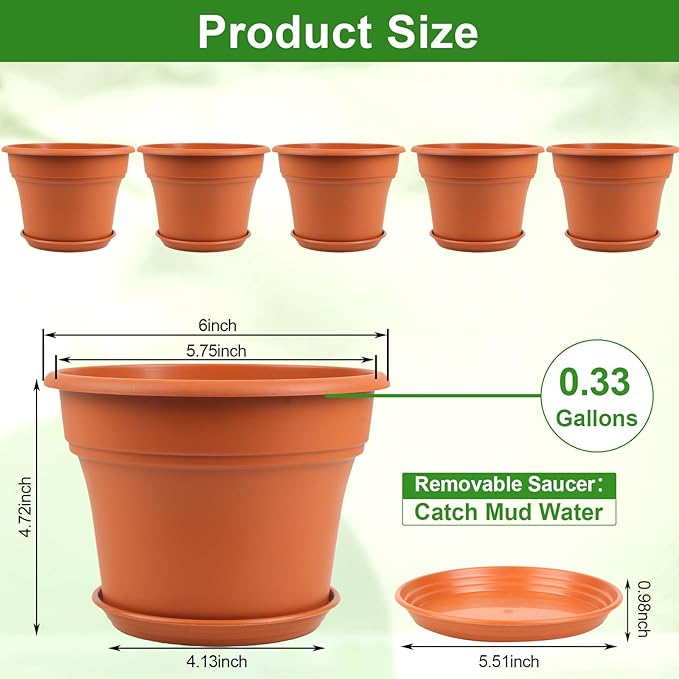 6 Inch Plastic-Flower Pot-for-Indoor Plants, 6 Pack Outdoor Plant Pots with Drainage Holes & Saucers, Resin Garden Pots Planters-Ruum Studio Home