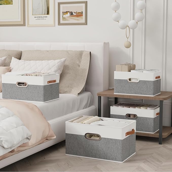 Yawinhe Fabric Storage Baskets, Foldable Closet Organizer for Shelves, Large Boxes with 3 Handles, Canvas Bins for Clothes, White/Grey, 12.99''Lx9.05''Wx7.87''H, 6-Pack-Ruum Studio Home