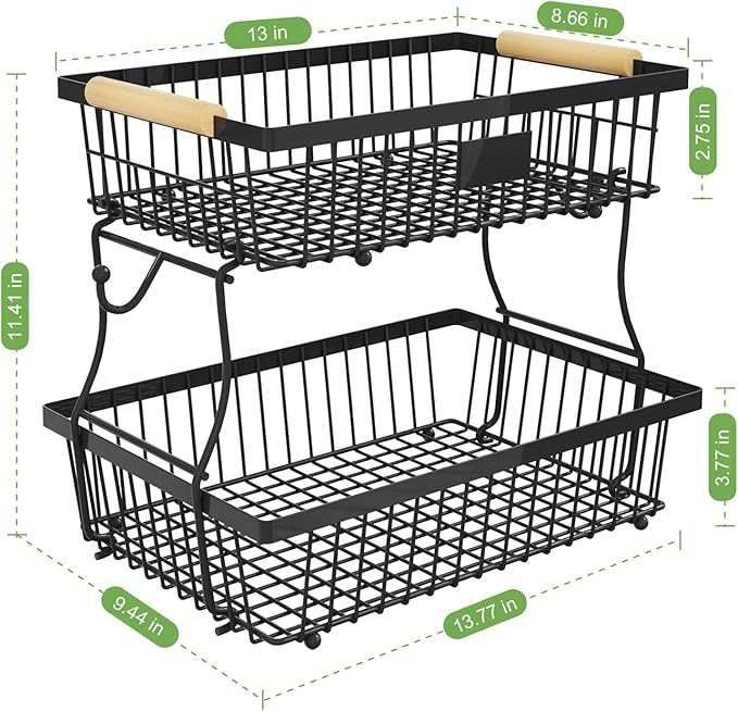 2 Tier Fruit Basket for Kitchen Counter with 2 Banana Hangers, Countertop Metal Fruit Bowl with Wooden Handle, Large Storage Stand for Vegetables, Snacks, Breads, Produce Storage – Black-Ruum Studio Home