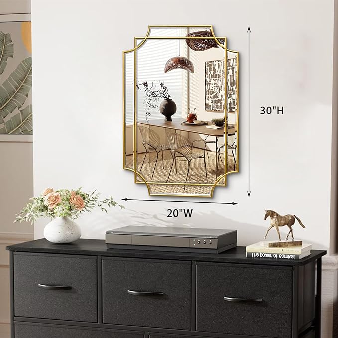 30x20 Inch Gold Bathroom Mirror, Wooden Frame with Scalloped Polished Beveled Glass, Modern Art Wall Decor for Vanity, Irregular Rectangle Mirror for Bedroom, Living Room, Fireplace & Entryway-Ruum Studio Home