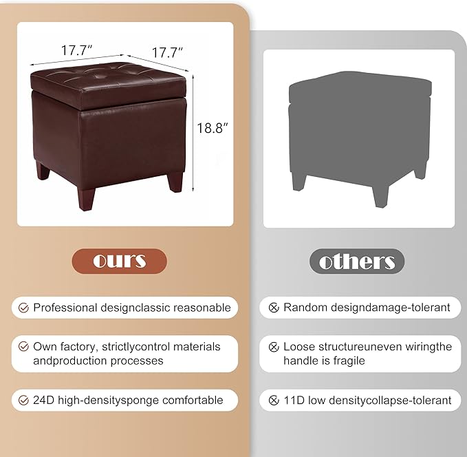Adeco Bonded Leather Square Tufted Footstool, 18", Brown Storage Ottomans,-Ruum Studio Home