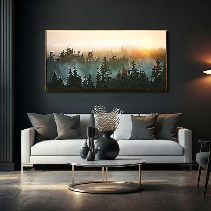 Living Room Wall Art Sunrise Misty Forest 24"x48" Modern Home Wall Decor Plants Wall Decorations Framed Artwork for Bedroom Dining Room Office Hotel-Ruum Studio Home
