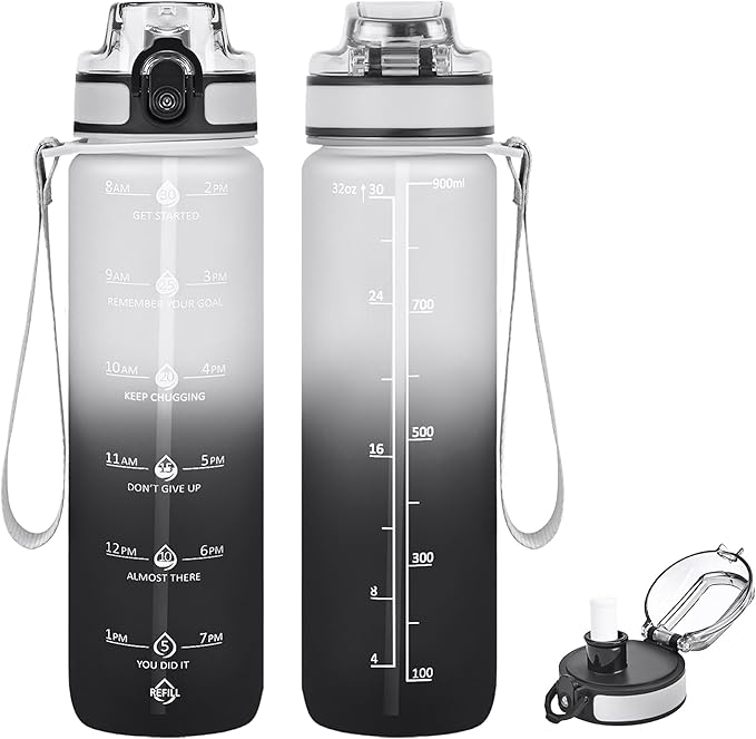 32oz Motivational Water Bottles with Time Marker & Fruit Strainer, Transparent Gradient Color Water Bottle with Times to Drink, Leakproof & BPA Free, Reusable Bottle with Strap (No Straw)-Ruum Studio Home