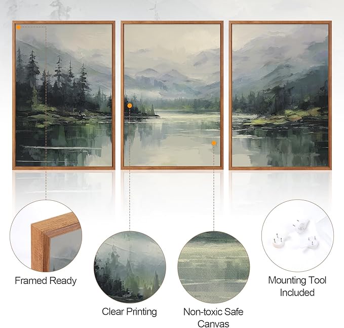 Aurlan Emerald Green Mountain Lake Landscape Framed Wall Art(16"x24"), 3PCS Abstract Forest Nature Canvas Artwork, Large Minimalist Watercolor Modern Pine Trees Scenery Decor for Office Home-Ruum Studio Home