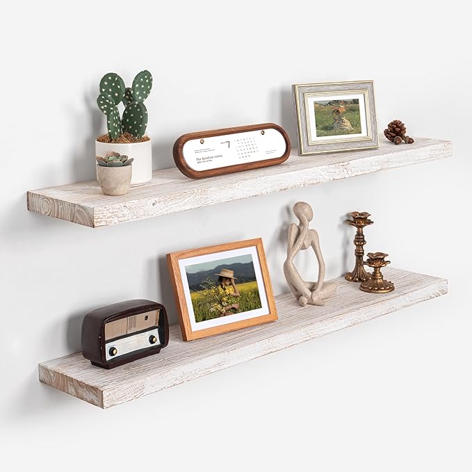 Axeman Floating Shelves for Wall - 40''W x 8'' D Rustic Solid Elm Wood Shelves for Storage, Wall Mounted Display Shelving with Invisible Heavy-Duty Metal Bracket (White Wash, 2PCs)-Ruum Studio Home