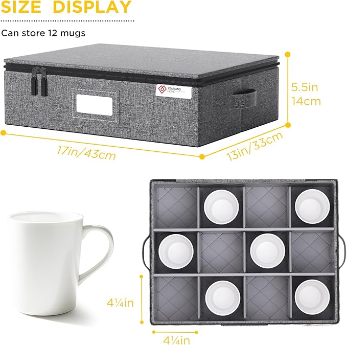 YearningHome Cup and Mug Storage Box with Hard Shell and Dividers for Coffee Mugs,Tea Cups and Glasses,Stackable Storage Organizers with Lid,Handles,Zips and Lable for Moving,Holds 12,2 Pack, Grey-Ruum Studio Home
