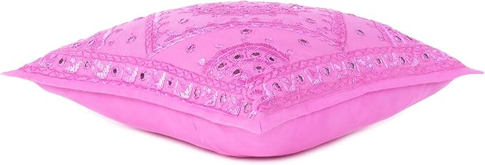 Eyes of India Embroidered Decorative Boho Throw Pillow Cover with Mirrors, Handmade Bohemian Accent Cushion Case for Sofa Couch Bedroom Living Room (Pink, 16" x 16")-Ruum Studio Home