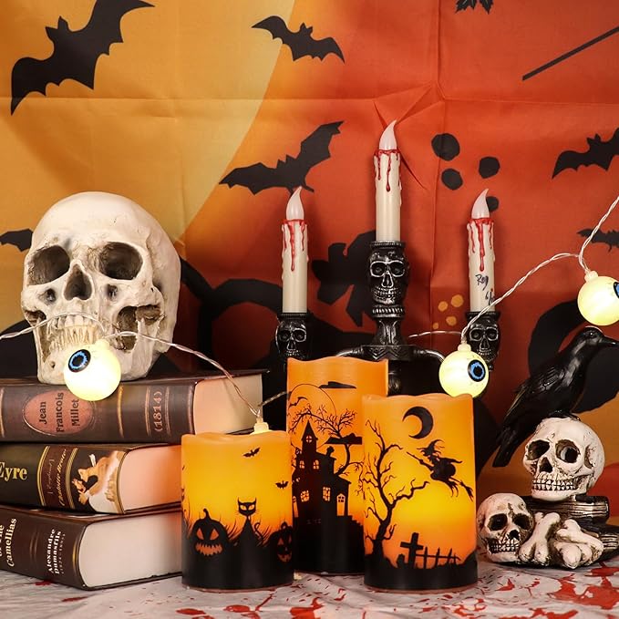 Wondise Halloween Rechargable Flickering Flameless Candles with 6H Timer, Battery Operated LED Real Wax Candles with Charging Base Set of 3 Halloween Home Decoration Gifts(3 x 4 5 6 Inch)-Ruum Studio Home