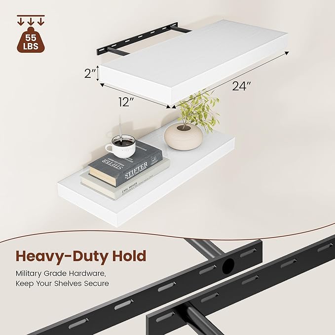 White Floating Shelves for Wall, 24 Inch X 12 Deep Shelves for Room Wall Mounted，2" Thick Heavy Duty Holds 55lbs Floating Shelf for Bedroom Bathroom Kitchen Laundry Room, Set of 2-Ruum Studio Home