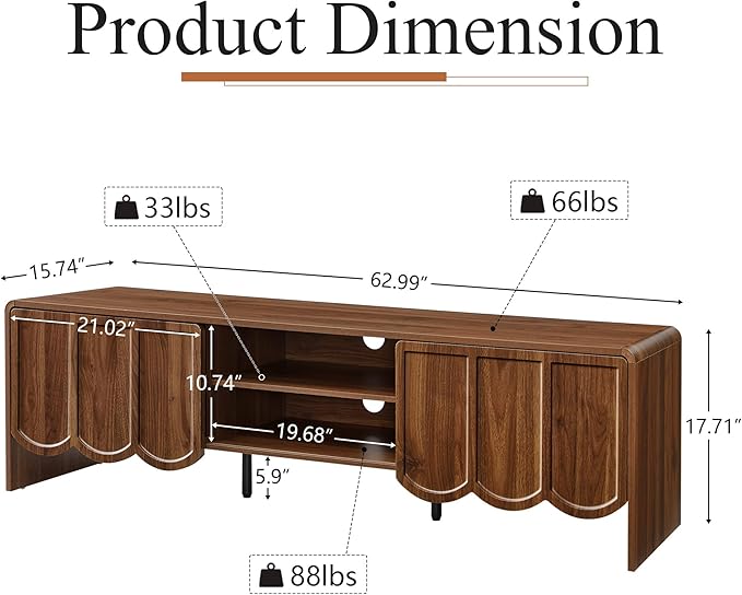 ORRD 63'' TV Stand, Modern TV Console Table Wave Panel Television Stands Entertainment Media Center with Storage Compartment and Sliding Door for Living Room (Walnut)-Ruum Studio Home