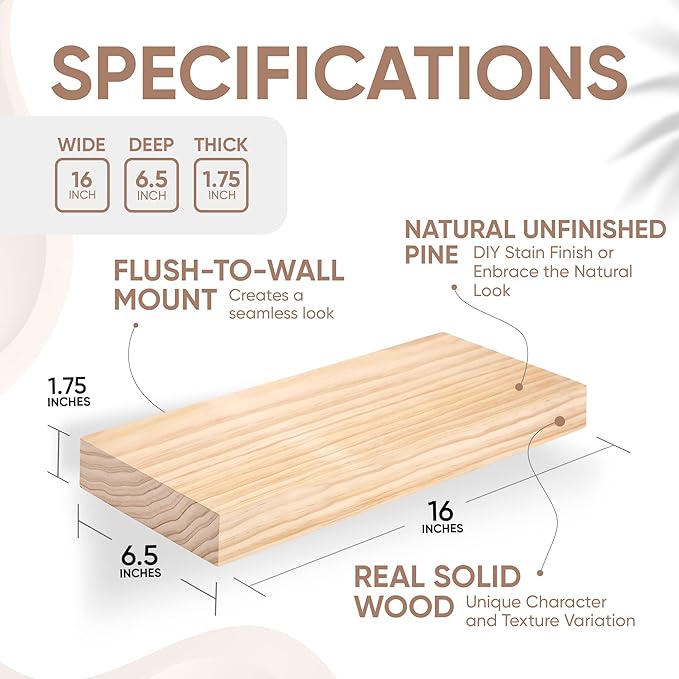 Homeforia Wood Floating Shelf 16 inch, High End Solid Natural Wood 16inch Floating Shelves for Wall Mounted, Unfinished Wooden Small Floating Shelves, Heavy Duty Bracket, 16 X 6.5 X 1.75 in, Set of 2-Ruum Studio Home