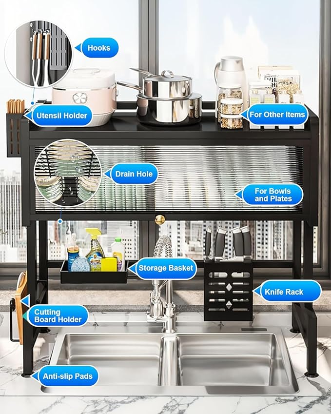 Dish Drying Rack, 3-Tier Over Sink Dish Drying Rack, 33.5" Over Sink Dish Rack for Small Kitchen, Space-Saving Dish Rack with Cover, Baskets, Utensil, Large Sink Storage Organizer Black-Ruum Studio Home