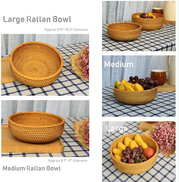 Hadewoven Round Rattan Fruit Basket Wicker Food Tray Weaving Storage Holder Dinning Room Bowl, 10 Inch Woven Bread Basket Key Bowls with 4”Wall for Table, Countertop (Large 9.8")-Ruum Studio Home