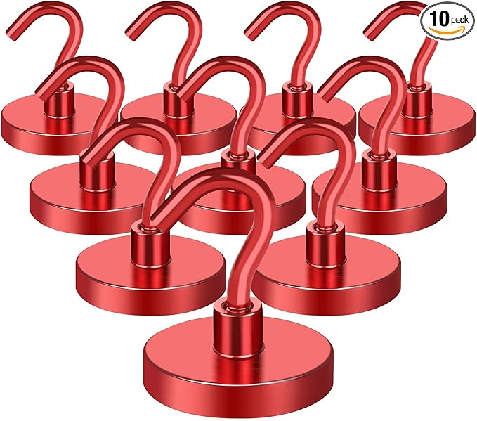 MIKEDE Strong Magnetic Hooks, 110Lbs Heavy Duty Magnetic Hooks for Cruise, Neodymium Earth Magnets with Hooks for Hanging, Super Metal Magnetic Hanger for Grill, Storage (Red,10 Pack)-Ruum Studio Home