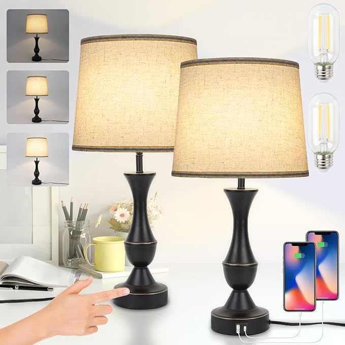 Touch Lamps for Bedrooms Set of 2, Farmhouse Table Lamp with USB C Charging Port, 3 Way Dimmable Nightstand Lamps with Linen Fabric Lampshade for Bedroom, Living Room (Pack2-Black)-Ruum Studio Home