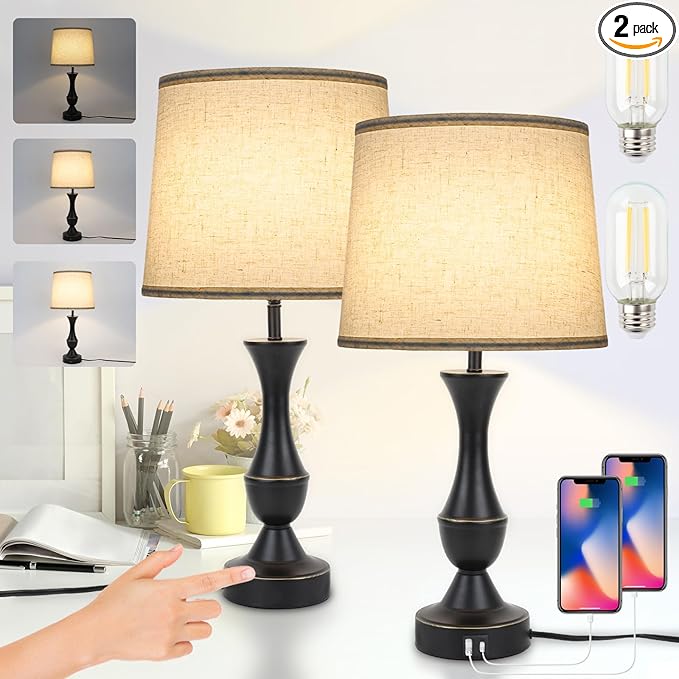 Touch Lamps for Bedrooms Set of 2, Farmhouse Table Lamp with USB C Charging Port, 3 Way Dimmable Nightstand Lamps with Linen Fabric Lampshade for Bedroom, Living Room (Pack2-Black)-Ruum Studio Home
