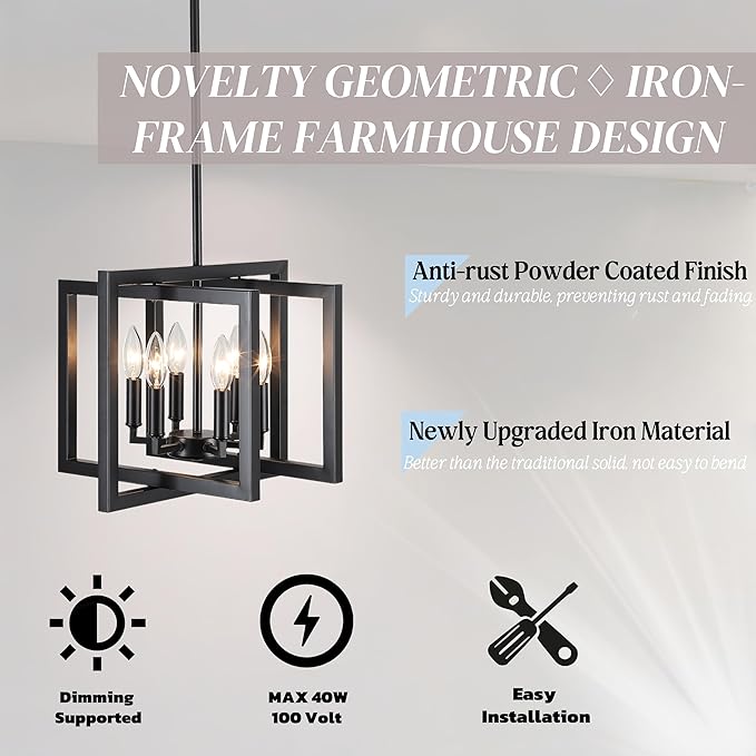 ANKYLHUA Black Nickel Chandelier,6-Lights Ceiling Light Fixture E12,Adjustable Hight Pendant Lights Kitchen Island,Chandeliers for Dining Room Bedroom,Entryway,Foyer-Ruum Studio Home