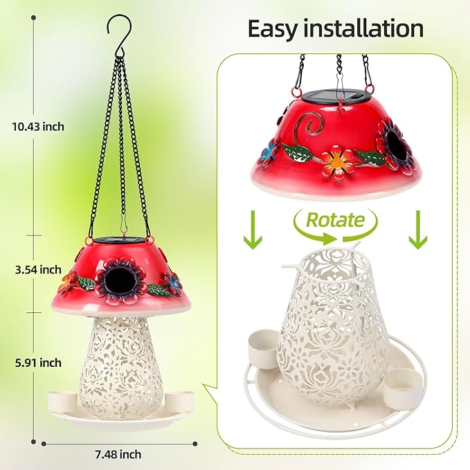 Mushroom Solar Bird Feeders for Outdoors Hanging Metal Wild Bird Feeder Garden Lantern with S Hook for Garden Decoration red-Ruum Studio Home