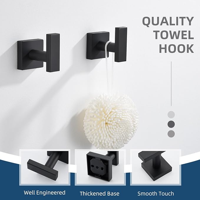 Angle Simple Bathroom Towel Hooks, Stainless Steel Robe Coat Hooks for Wall, Matte Black, 2 Pack-Ruum Studio Home