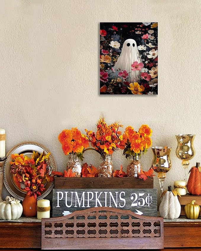 Halloween Canvas Wall Art,Vintage Cute Ghost & Wildflowers Framed Poster, Spooky Fall Decorations for Indoor, Gothic Dark Academia Wall Decor, Funny Halloween Decorations for Living Room Bedroom-Ruum Studio Home