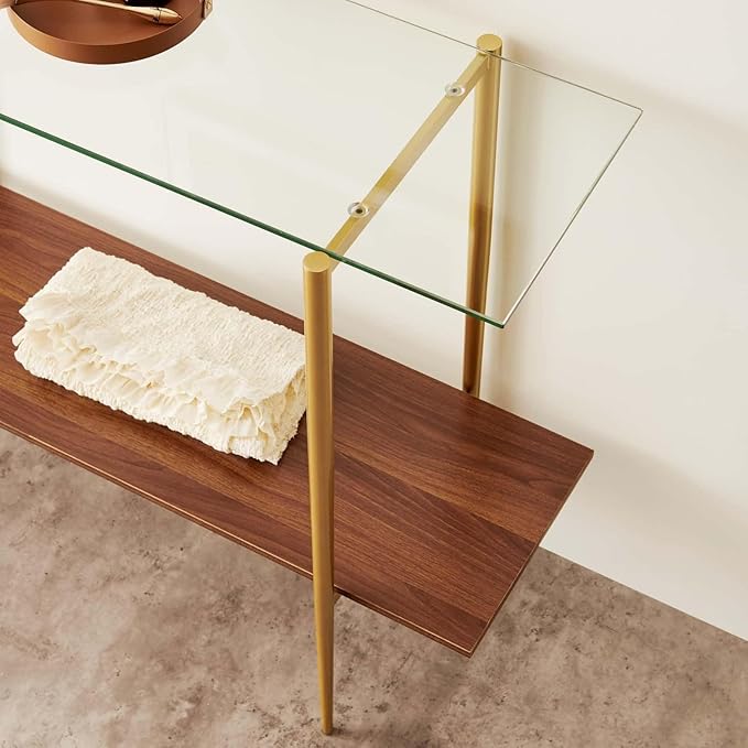 Glass Console Table for Living Room, Foyer & Entrance, 2-Tiers Mid-Century Modern Sofa Table with Clear Glass Top, Walnut Finish Wood Top and Gold Finish Metal Frame-Ruum Studio Home