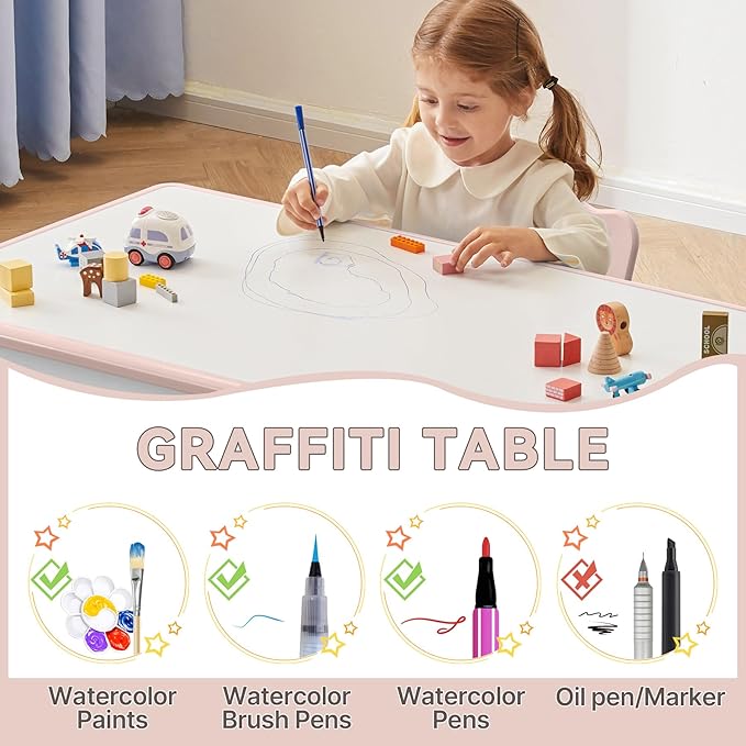 Kids Study Table and Chairs Set, Height Adjustable Toddler Table and Chair Set for Kids Ages 3-8, Graffiti Desktop Plastic Children Art Table with 4 Seats, Lovely Pink-Ruum Studio Home