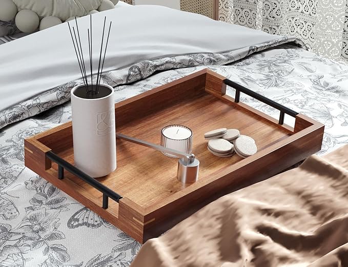 Acacia Wood Serving Tray with Metal Handles,15x10in Ottoman Decorative Trays Platter for Coffee Table,Living Room,Bar,Party(Medium)-Ruum Studio Home