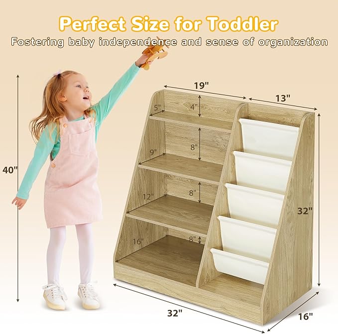 Kids Bookshelf, 4-Tier Kids Wooden Bookshelf with Toy Storage Montessori Toy Shelf, 32”L x 16”D x 32”H Nursery Bookshelves Childrens Bookcase Baby Toddler Book Shelf for Kids Rooms Clearance-Ruum Studio Home
