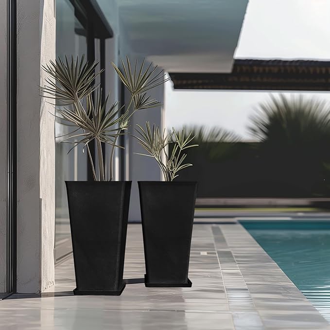 LA JOLIE MUSE 26 inch Tall Black Planters for Outdoor Plants,Set of 2 Tapered Planters with Trays,V-Shape Rectangular Garden Planters for Front Door, Patio and Deck-Ruum Studio Home