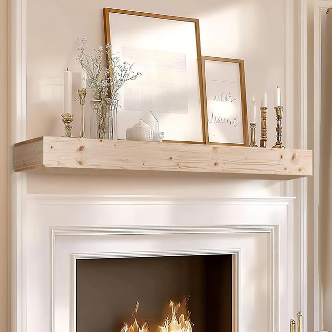 72x8x5 Fireplace Mantel - Handcrafted Hollow Rustic Solid Wood Wall Mounted Floating Shelf with Invisible Heavy Duty Wood Bracket (DIY Color)-Ruum Studio Home