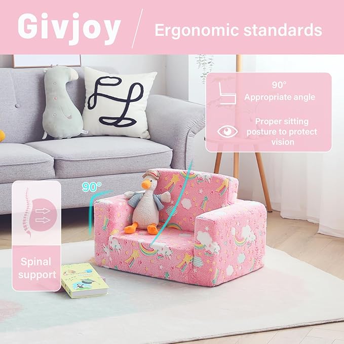 Toddler Chair Kids Couch, 2-in-1 Comfy Armchair with Removable and Washable Cover Carrying Handle, Convertible Reading Chair Toddler Couch for Girls and Boys, Pink Rainbow-Ruum Studio Home